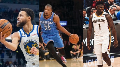Steph Curry of the Golden State Warriors, Kevin Durant of the Phoenix Suns, and Zion Williamson of the New Orleans Pelicans Steph Curry of the Golden State Warriors, Kevin Durant of the Phoenix Suns, and Zion Williamson of the New Orleans Pelicans