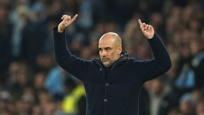 Manchester City's head coach Pep Guardiola reacts during an English Premier League match (AP)