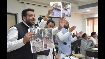 Councillors during the Panchkula General House meeting held at Kisan Bhavan, Sector 14, on Tuesday. (Sant Arora/HT) Councillors during the Panchkula General House meeting held at Kisan Bhavan, Sector 14, on Tuesday. (Sant Arora/HT)