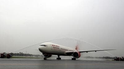 In this photo taken on August 21, 2008, a water cannon salute during the inaugural flight by an Air India Boeing 777 at Indira Gandhi International Airport in New Delhi. (AFP) In this photo taken on August 21, 2008, a water cannon salute during the inaugural flight by an Air India Boeing 777 at Indira Gandhi International Airport in New Delhi. (AFP)