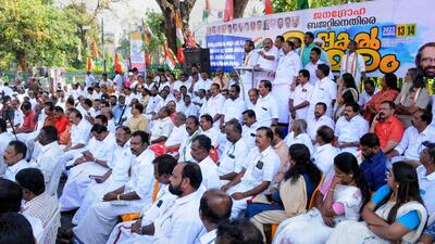 Opposition leader VD Satheesan addresses a protest organised by United Democratic Front (UDF) in front of the state secretariat over the Kerala Budget, in Thiruvananthapuram. (PTI)