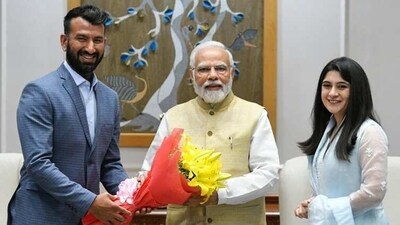 Cheteshwar Pujara meets Prime Minister Narendra Modi ahead of his 100 Test appearance. (Twitter/cheteshwar1) Cheteshwar Pujara meets Prime Minister Narendra Modi ahead of his 100 Test appearance. (Twitter/cheteshwar1)