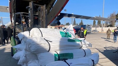 Saudi aid plane lands in Aleppo, in the aftermath of a deadly earthquake, Syria. (REUTERS)
