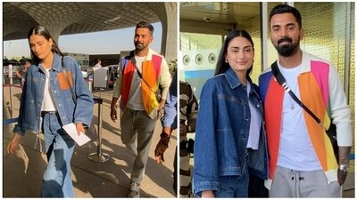 Athiya Shetty and KL Rahul at Mumbai airport on Tuesday. (Varinder Chawla) Athiya Shetty and KL Rahul at Mumbai airport on Tuesday. (Varinder Chawla)