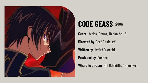 With its fast-paced action, engaging characters, and complex storyline, Code Geass is a must-watch for fans of the action genre. With its fast-paced action, engaging characters, and complex storyline, Code Geass is a must-watch for fans of the action genre.
