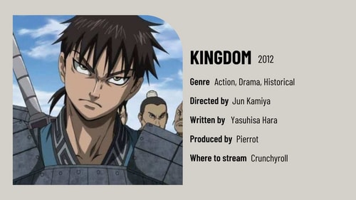 Kingdom is a historical action-packed anime set in ancient China during the Warring States period. Kingdom is a historical action-packed anime set in ancient China during the Warring States period.