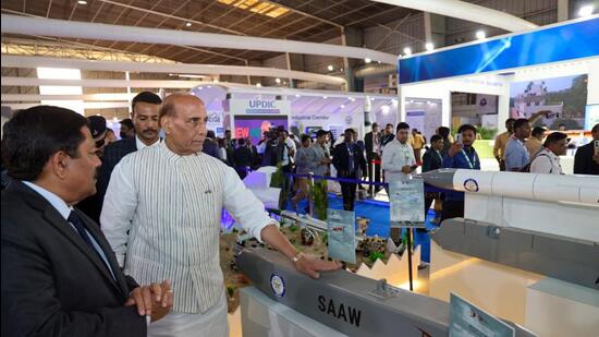 Defence minister Rajnath Singh at Aero India 2023 in Bengaluru. (ANI / PIB)