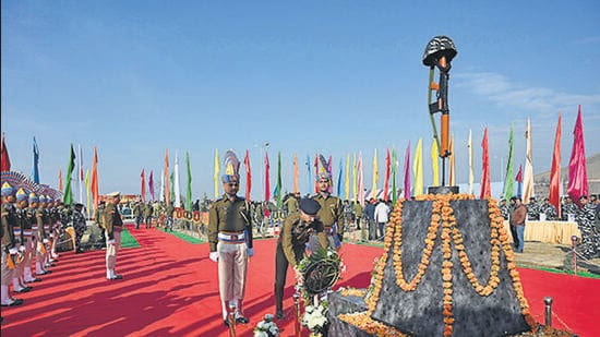 Kashmir, India - Feb. 14, 2023:A senior police officer lays a wreath at the memorial during a ceremony to mark the fourth anniversary of the Pulwama attack at the Central Reserve Police Force (CRPF) Lethpora camp on the outskirts of Srinagar, on Tuesday, 14 February 2023.(Photo By Waseem Andrabi /Hindustan Times)