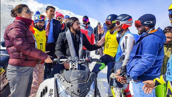 Union MoS Nisith Pramanik during his visit to Kangdoori during the third edition of Khelo India Winter Games, which concluded in Gulmarg on Tuesday. (PTI)