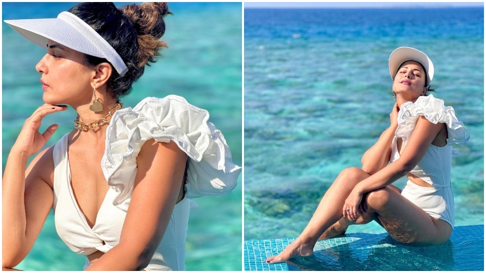 Hina Khan chills by the pool in Maldives. (Instagram) Hina Khan chills by the pool in Maldives. (Instagram)