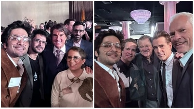 Ali Fazal with Shaunak Sen, Guneet Monga, Tom Cruise and Steven Spielberg at the Oscars luncheon. Ali Fazal with Shaunak Sen, Guneet Monga, Tom Cruise and Steven Spielberg at the Oscars luncheon.