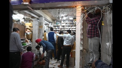 Around five months after the Chandigarh administration had found that a chemist had illegally extended a shop at the Government Multi Speciality Hospital Sector-16 (GMSH-16), Chandigarh, by merging the adjacent passage, the UT administration finally vacated the encroached passage and restored the load-bearing wall on Wednesday. (Keshav Singh/ HT) Around five months after the Chandigarh administration had found that a chemist had illegally extended a shop at the Government Multi Speciality Hospital Sector-16 (GMSH-16), Chandigarh, by merging the adjacent passage, the UT administration finally vacated the encroached passage and restored the load-bearing wall on Wednesday. (Keshav Singh/ HT)