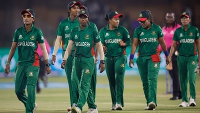 Bangladesh players leave the field after their match against Australia at T20 Women's World Cup (AFP)
