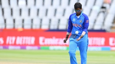 India's Deepti Sharma prepares to deliver a ball during the Group B T20 women's World Cup cricket match between West Indies and India at Newlands Stadium in Cape Town on February 15, 2023. (Photo by Rodger Bosch / AFP) (AFP)