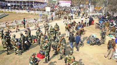 Central police personnel at the distribution centre on the eve of the Tripura Assembly elections in Agartala on Wednesday. (ANI) Central police personnel at the distribution centre on the eve of the Tripura Assembly elections in Agartala on Wednesday. (ANI)