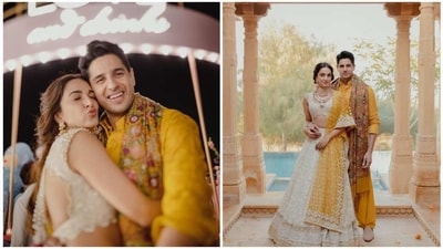 Kiara Advani recently shared a fresh set of pictures from her pre-wedding ceremony in Jaisalmer. The Shershaah actor tied the knot with her beau Sidharth Malhotra on February 10. Her latest set of snaps features the couple in traditional attires celebrating love. (Instagram/@kiaraaliaadvani) Kiara Advani recently shared a fresh set of pictures from her pre-wedding ceremony in Jaisalmer. The Shershaah actor tied the knot with her beau Sidharth Malhotra on February 10. Her latest set of snaps features the couple in traditional attires celebrating love. (Instagram/@kiaraaliaadvani)