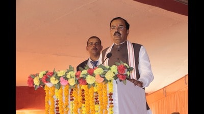 Deputy CM Keshav Prasad Maurya at Shringverpur on Wednesday. (HT Photo)