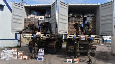 Indian Army shared images of material being delivered by the personnel. (Twitter) Indian Army shared images of material being delivered by the personnel. (Twitter)