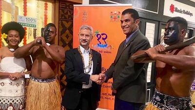 Jaishankar along with President of Fiji Ratu released a postal stamp and launched six books at the event. (Twitter | S Jaishankar) Jaishankar along with President of Fiji Ratu released a postal stamp and launched six books at the event. (Twitter | S Jaishankar)