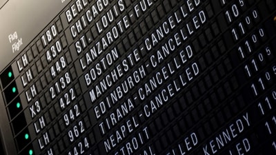 A flight schedule board shows cancelled Lufthansa flights after an IT fault at Germany’s Lufthansa causes massive flight delays and disruptions in Frankfurt. (Reuters)