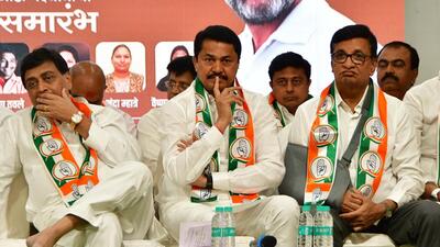 Mumbai, India - February 15, 2023: MPCC President Nana Patole with Balasaheb Thorat, Ashok Chavan, Bhai Jagtap, Naseem Khan and other leaders during the Congress party's meeting, at Tilak Bhavan, Prabhadevi, in Mumbai, India, on Wednesday, February 15, 2023. (Photo by Bhushan Koyande/HT Photo) (HT PHOTO) Mumbai, India - February 15, 2023: MPCC President Nana Patole with Balasaheb Thorat, Ashok Chavan, Bhai Jagtap, Naseem Khan and other leaders during the Congress party's meeting, at Tilak Bhavan, Prabhadevi, in Mumbai, India, on Wednesday, February 15, 2023. (Photo by Bhushan Koyande/HT Photo) (HT PHOTO)