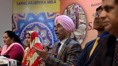 Noida, India- February 15, 2023: Additional Secretary, Ministry of Rural Development, Government of India Charanjit Singh (Center) and other officers addressing a press conference at Noida Haat in sector 33, in Noida, India, on Wednesday, February 15, 2023. (Photo by Sunil Ghosh / Hindustan Times) To go with Ashni’s story Noida, India- February 15, 2023: Additional Secretary, Ministry of Rural Development, Government of India Charanjit Singh (Center) and other officers addressing a press conference at Noida Haat in sector 33, in Noida, India, on Wednesday, February 15, 2023. (Photo by Sunil Ghosh / Hindustan Times) To go with Ashni’s story