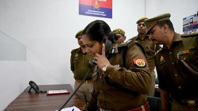 Noida, India- February 15, 2023: Gautam Buddh Nagar police commissioner Laxmi Singh and other police officers inaugurated new cyber cell office in sector 108, in Noida, India, on Wednesday, February 15, 2023. (Photo by Sunil Ghosh / Hindustan Times)