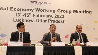 Officials at a briefing on the G20 Digital Economy Working Group meeting in Lucknow. (HT) Officials at a briefing on the G20 Digital Economy Working Group meeting in Lucknow. (HT)