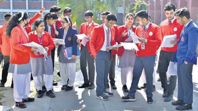 Students after the exam at the GNPS School in Ludhiana. (Gurpreet Singh/HT)