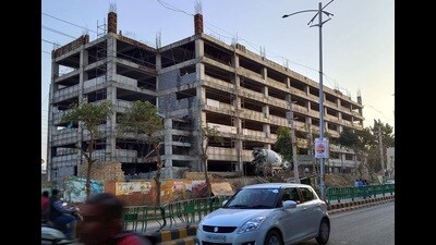 Work on multi-storey parking in Bathinda going on at Mall Road (Photo by Sanjeev Kumar/Hindustan Times) (HT Photo)