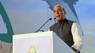 Defence Minister Rajnath Singh speaks at a seminar during Aero India 2023, at Yelahanka Airbase, in Bengaluru on Wednesday. (ANI) Defence Minister Rajnath Singh speaks at a seminar during Aero India 2023, at Yelahanka Airbase, in Bengaluru on Wednesday. (ANI)