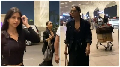 Suhana Khan and Gauri Khan at Mumbai airport. (Viral Bhayani) Suhana Khan and Gauri Khan at Mumbai airport. (Viral Bhayani)