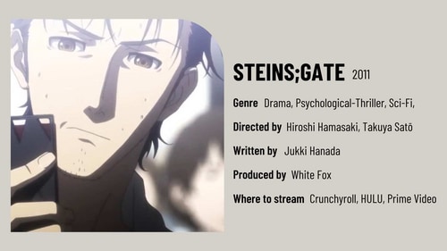 Steins;Gate is a sci-fi anime with 24 episodes that explores the themes of time travelling. Steins;Gate is a sci-fi anime with 24 episodes that explores the themes of time travelling.
