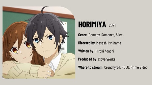 Horimiya is a lighthearted romantic comedy anime with 13 episodes which is perfect for fans of rom-coms. Horimiya is a lighthearted romantic comedy anime with 13 episodes which is perfect for fans of rom-coms.