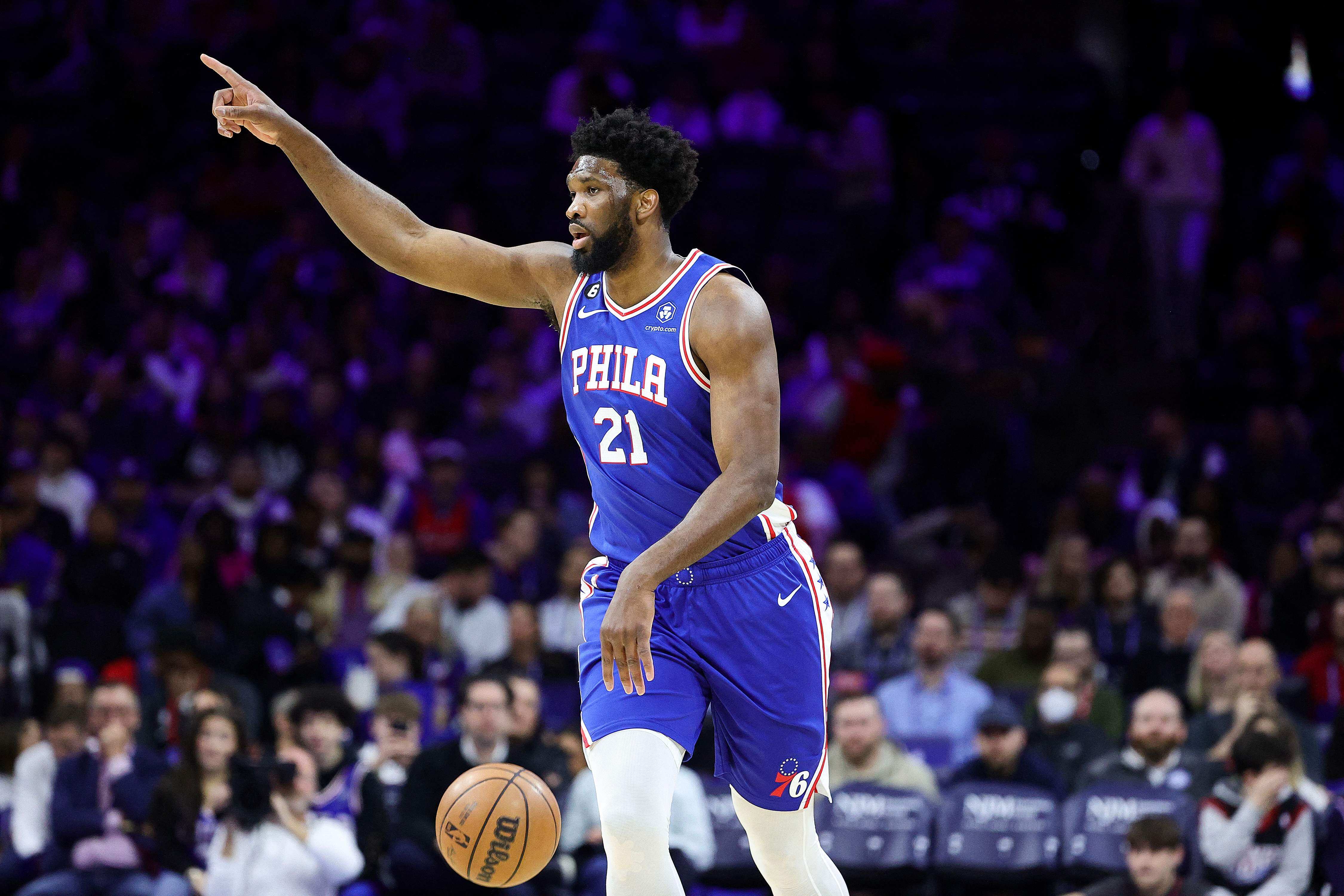 Joel Embiid #21 of the Philadelphia 76ers dribbles during the first quarter against the Houston Rockets at Wells Fargo Center. (Getty Images via AFP)
