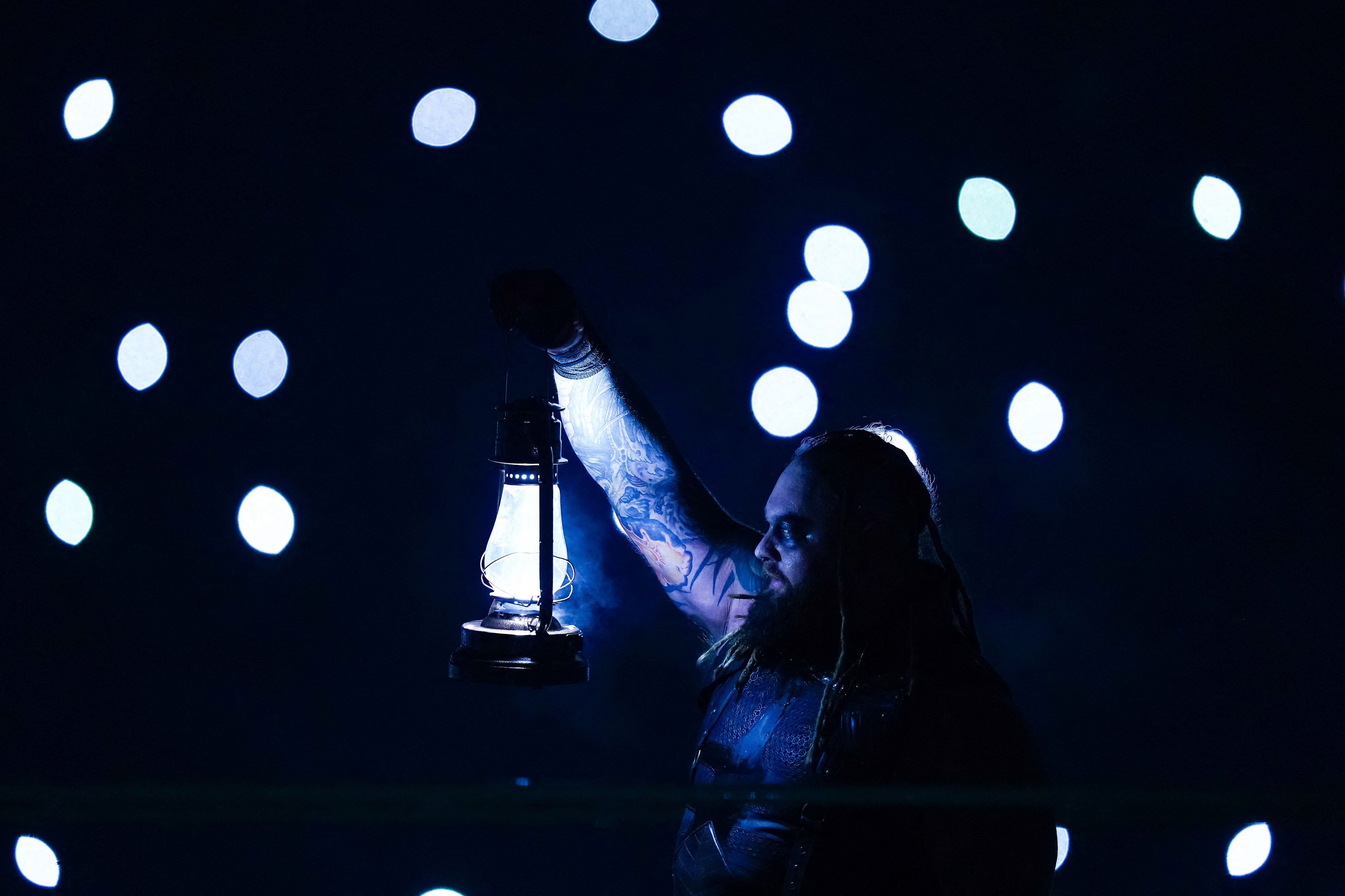 Bray Wyatt enters the arena to fight in the pitch black event during the WWE Royal Rumble event at the Alamodome. (Getty Images via AFP) Bray Wyatt enters the arena to fight in the pitch black event during the WWE Royal Rumble event at the Alamodome. (Getty Images via AFP)