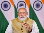 **EDS: IMAGE VIA PIB** New Delhi: Prime Minister Narendra Modi interacts with French President Emmanuel Macron via video conferencing, in New Delhi, Tuesday, Feb. 14, 2023. (PTI Photo) (PTI02_14_2023_000229B)