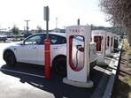 A view of Tesla Superchargers.