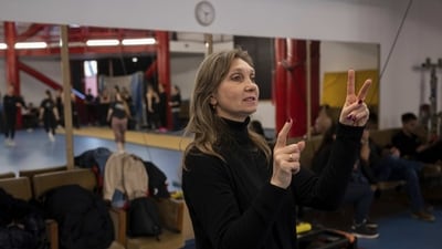 Ukrainian refugee circus trainer Svetlana Momot gives instructions to her students in a training room. Momot, fled Kharkiv with an initial group of 12 of her students last year, Momot told AP, “What I see is that we live as one family and as a creative team and I think it hasn’t affected their training, and I try to keep them in the form they were in Ukraine.” (Denes Erdos / AP) Ukrainian refugee circus trainer Svetlana Momot gives instructions to her students in a training room. Momot, fled Kharkiv with an initial group of 12 of her students last year, Momot told AP, “What I see is that we live as one family and as a creative team and I think it hasn’t affected their training, and I try to keep them in the form they were in Ukraine.” (Denes Erdos / AP)