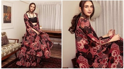 Aditi Rao Hydari is the ultimate 'sustainable' queen. Her Instagram account is flooded with pictures of herself in sustainable clothing. She earlier stepped out to promote her upcoming film Taj Divided by Blood wearing an embroidered skirt set.&nbsp; (Instagram/@aditiraohydari)