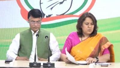 Congress leaders Pawan Khera and Supriya Shrinate addressed a press conference in New Delhi on Thursday. (Video grab/Twitter/INCIndia) Congress leaders Pawan Khera and Supriya Shrinate addressed a press conference in New Delhi on Thursday. (Video grab/Twitter/INCIndia)