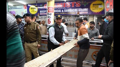 On February 15, the Chandigarh administration removed the encroachment made by the sole chemist shop at GMSH. (Keshav Singh/HT) On February 15, the Chandigarh administration removed the encroachment made by the sole chemist shop at GMSH. (Keshav Singh/HT)