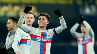 Barcelona's Gavi, center, celebrates at the end of a Spanish La Liga match (AP) Barcelona's Gavi, center, celebrates at the end of a Spanish La Liga match (AP)