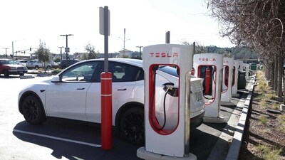 A view of Tesla Superchargers. (Getty Images via AFP) A view of Tesla Superchargers. (Getty Images via AFP)