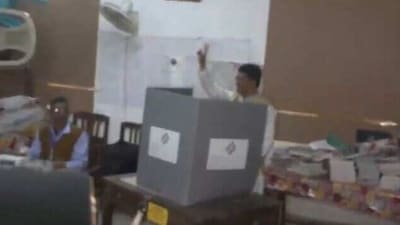 Saha, the BJP candidate from Town Bordowali constituency, cast his vote in Maharani Tulsibati Girls HS school in Agartala.
