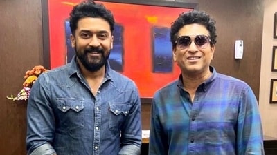 Suriya shared a picture with Sachin Tendulkar. Suriya shared a picture with Sachin Tendulkar.