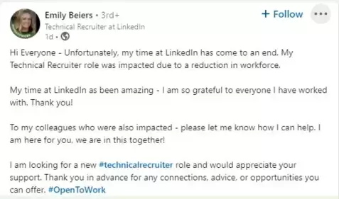 Emily Beiers, who worked as a technical recruiter at LinkedIn, sought new opportunities in the same field. (Screenshot) Emily Beiers, who worked as a technical recruiter at LinkedIn, sought new opportunities in the same field. (Screenshot)