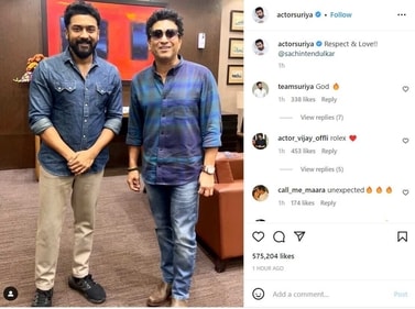 Suriya shared a pic with Sachin Tendulkar. Suriya shared a pic with Sachin Tendulkar.