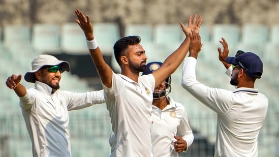 Kolkata: Saurashtra's bowler Jaydev Unadkat celebrates the wicket of Bengal's batter Manoj Tiwary during the Ranji Trophy final match between Bengal and Saurashtra, at Eden Gardens. Kolkata: Saurashtra's bowler Jaydev Unadkat celebrates the wicket of Bengal's batter Manoj Tiwary during the Ranji Trophy final match between Bengal and Saurashtra, at Eden Gardens.