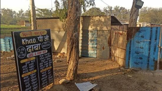 The roadside eatery in Mitraon village, where the body of Nikki Yadav, 22, was found in a refrigerator. (HT Photo)